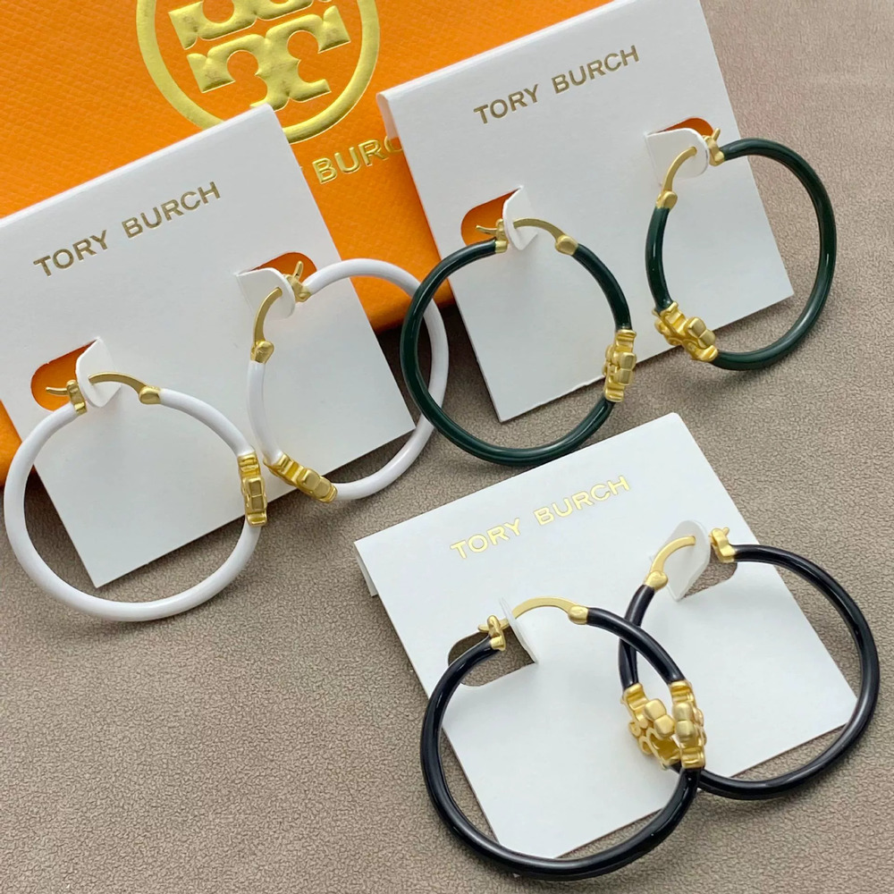 Tory Burch Gold Round Enamel Stud Earrings Large Hoop